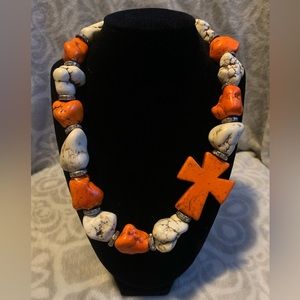 Orange and Ivory Rock Beaded HANDMADE Cross Necklace